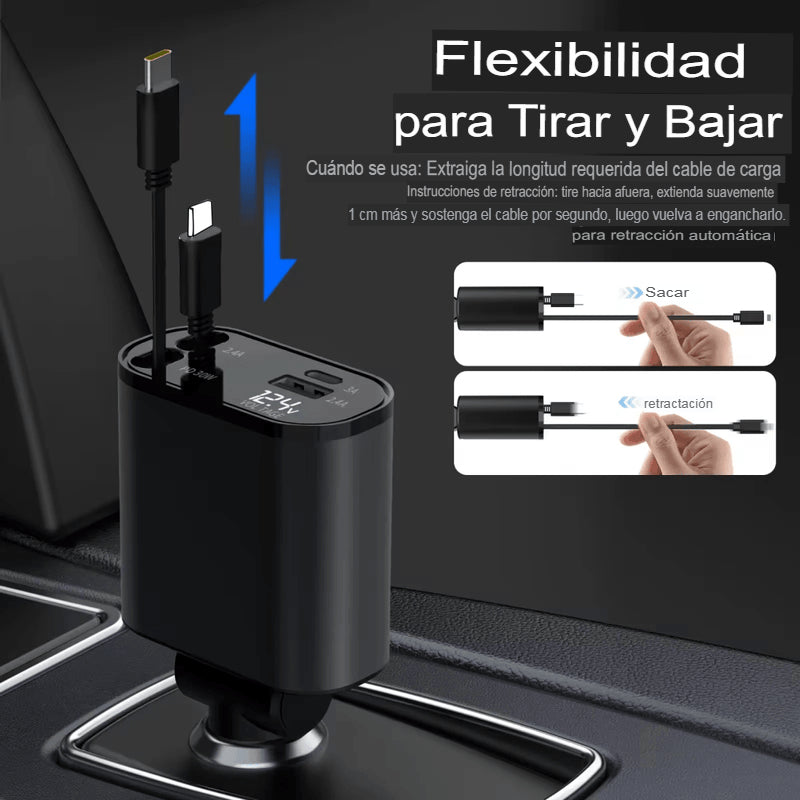 Cargador de Auto retráctil para teléfono - Carga rápida - Iphone y Android - Usb, Lightning typo C