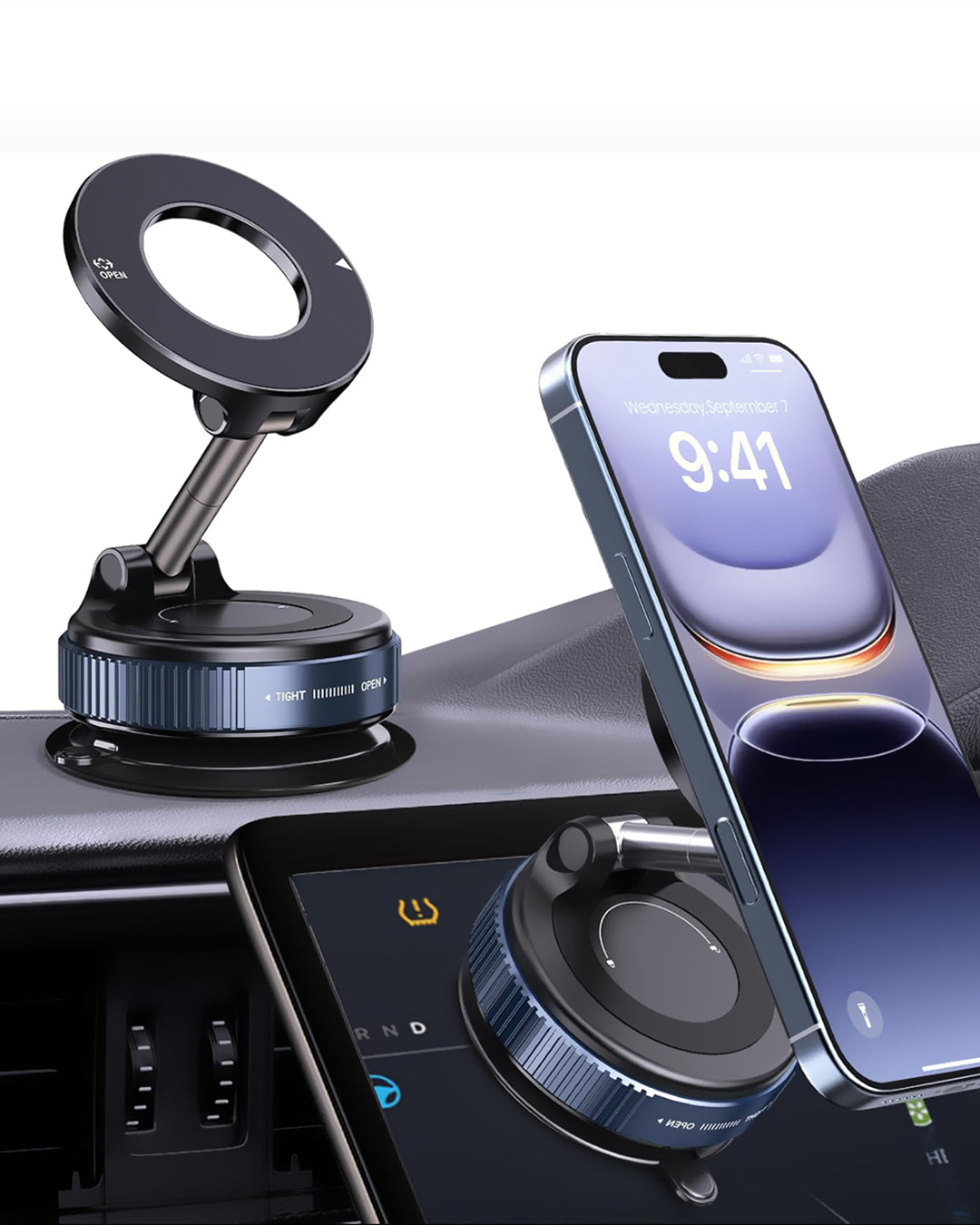 Soporte Celular magnético MagSafe para vehículos, oficina, videos - Extra fuerte con Ventosa, Giro 360° ajustable, iPhone y Android