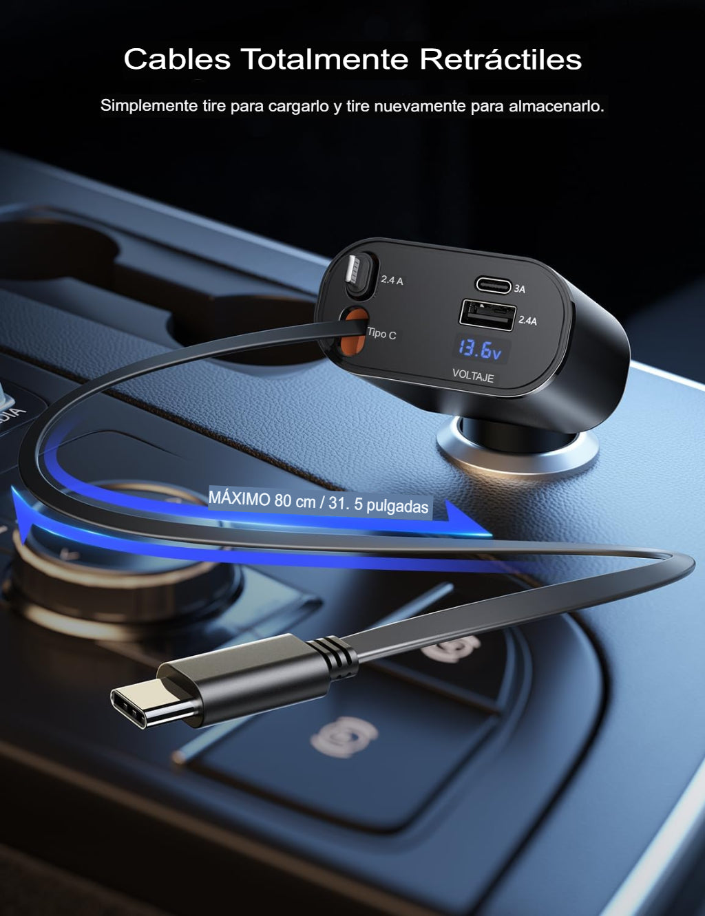 Cargador de Auto retráctil para teléfono - Carga rápida - Iphone y Android - Usb, Lightning typo C