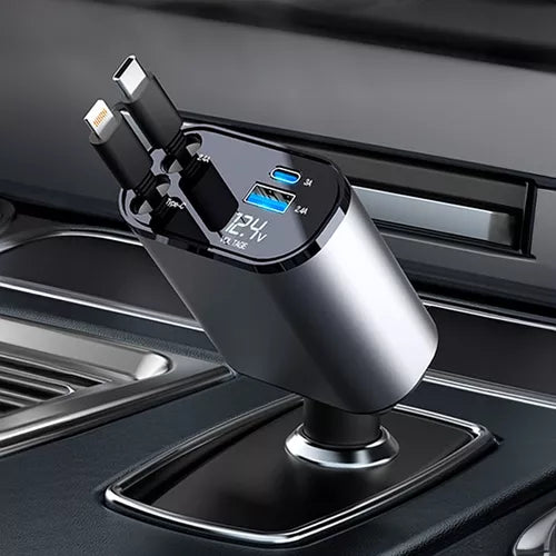 Cargador de Auto retráctil para teléfono - Carga rápida - Iphone y Android - Usb, Lightning typo C