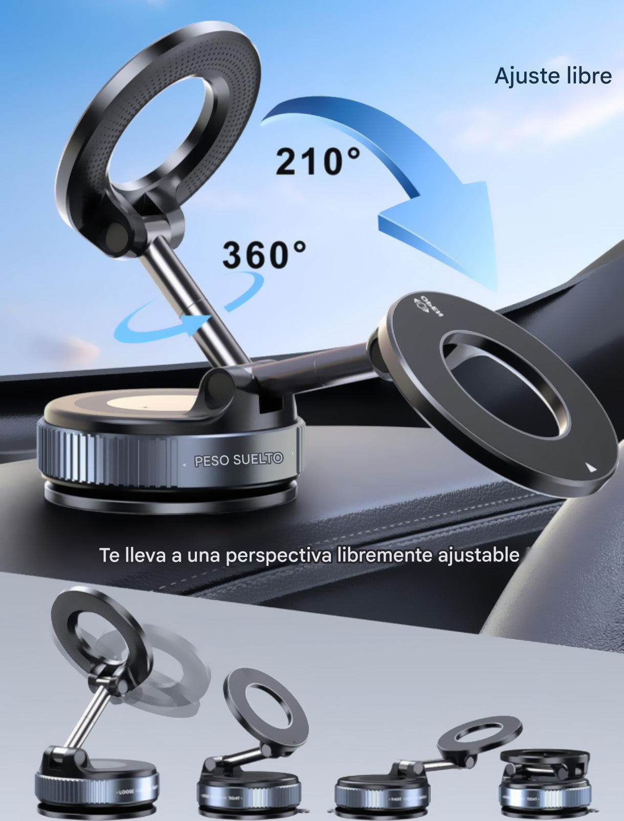 Soporte Celular magnético MagSafe para vehículos, oficina, videos - Extra fuerte con Ventosa, Giro 360° ajustable, iPhone y Android