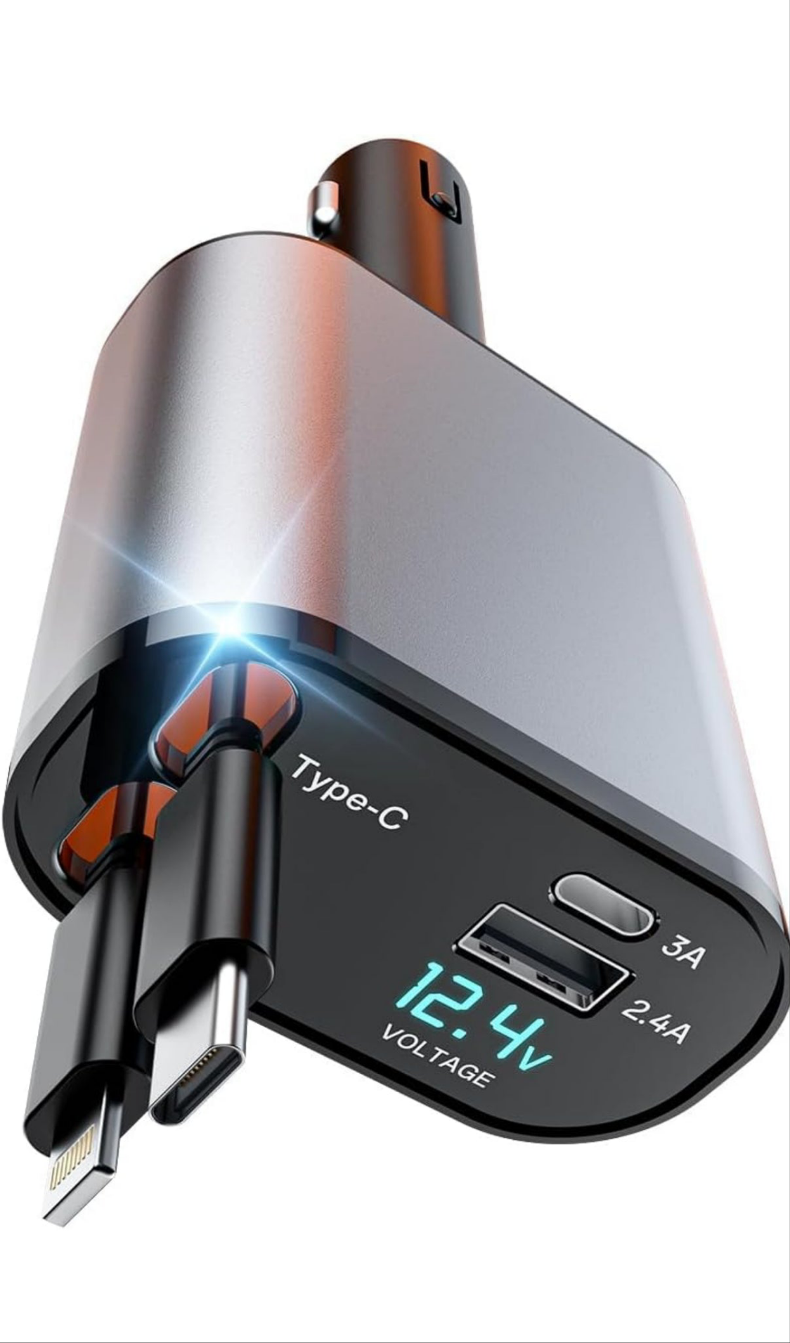 Cargador de Auto retráctil para teléfono - Carga rápida - Iphone y Android - Usb, Lightning typo C