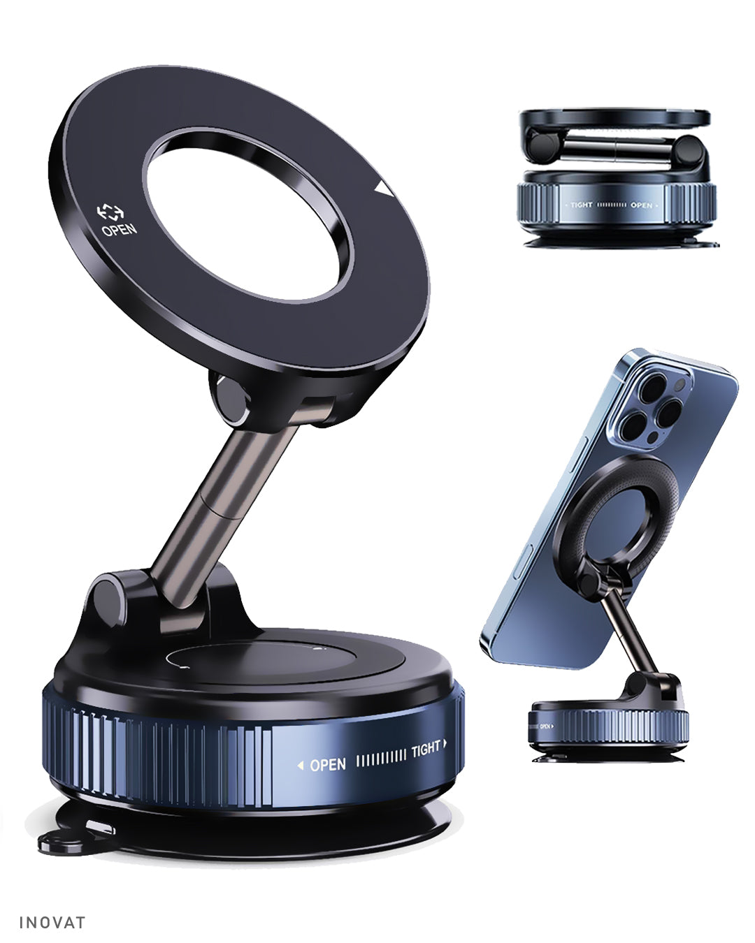 Soporte Celular magnético MagSafe para vehículos, oficina, videos - Extra fuerte con Ventosa, Giro 360° ajustable, iPhone y Android