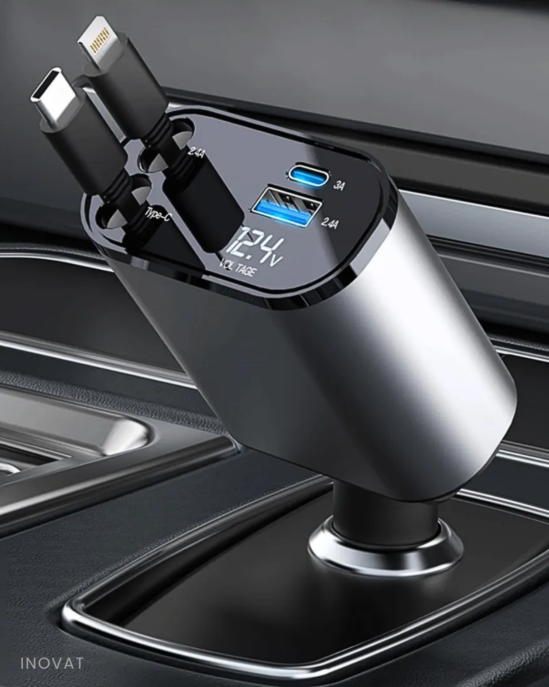 Cargador de Auto retráctil para teléfono - Carga rápida - Iphone y Android - Usb, Lightning typo C