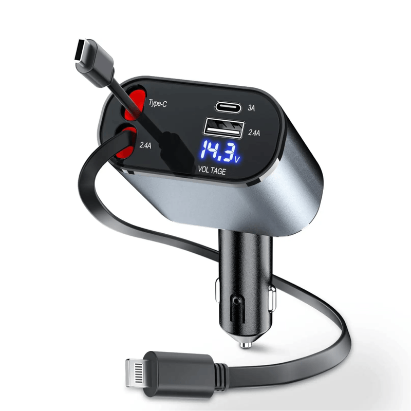 Cargador de Auto retráctil para teléfono - Carga rápida - Iphone y Android - Usb, Lightning typo C